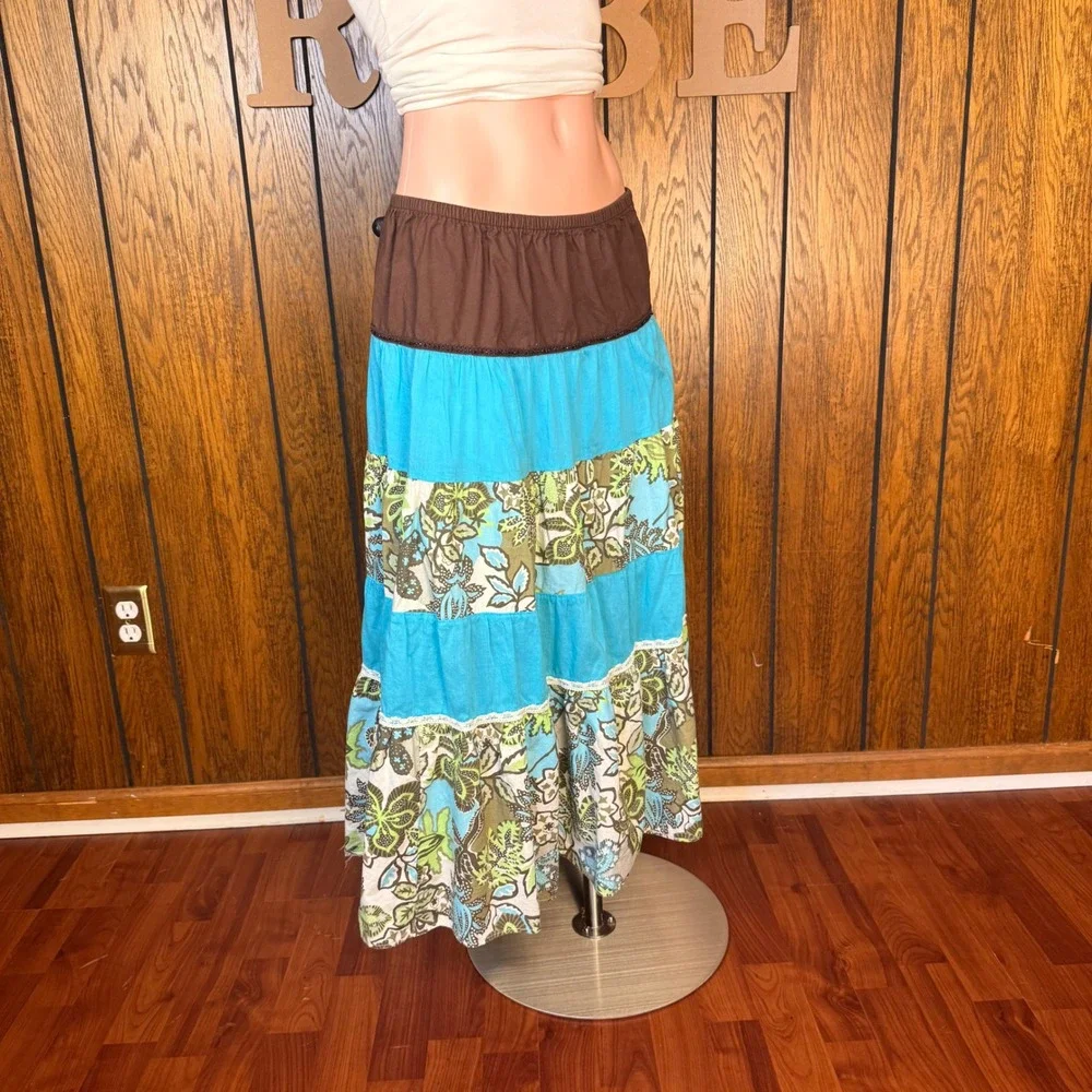 Cato Maxi Skirt Women L Blue Brown Floral Tiered Cotton Boho Western Cottagecore
